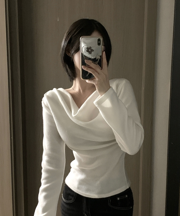 라라 드레이프 언발 셔링 긴팔 무지 블라우스 니트 티셔츠