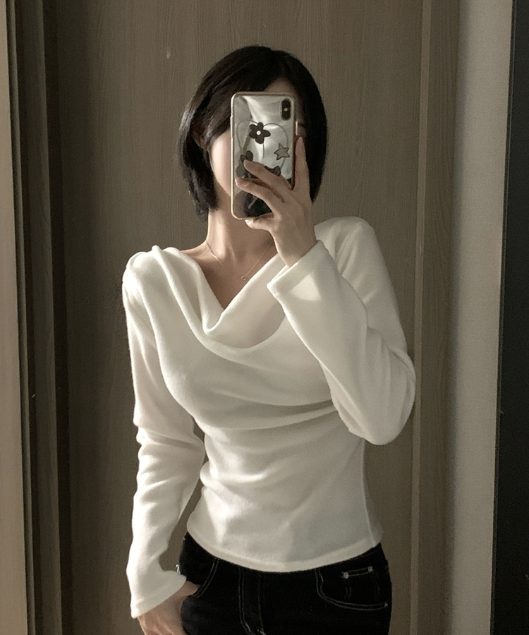 라라 드레이프 언발 셔링 긴팔 무지 블라우스 니트 티셔츠