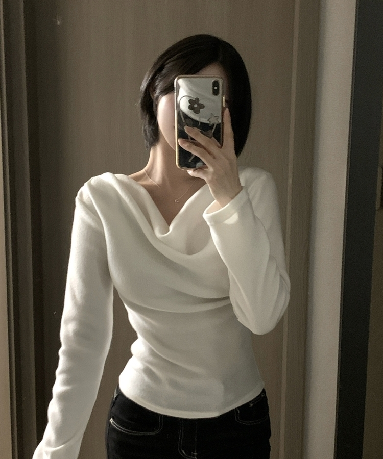 라라 드레이프 언발 셔링 긴팔 무지 블라우스 니트 티셔츠