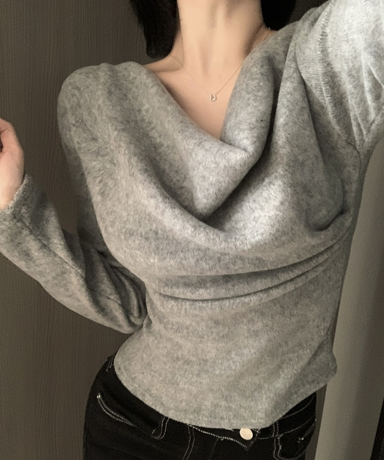 라라 드레이프 언발 셔링 긴팔 무지 블라우스 니트 티셔츠