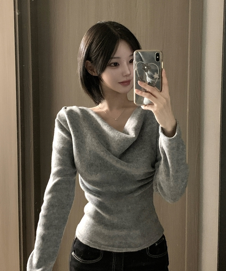 라라 드레이프 언발 셔링 긴팔 무지 블라우스 니트 티셔츠