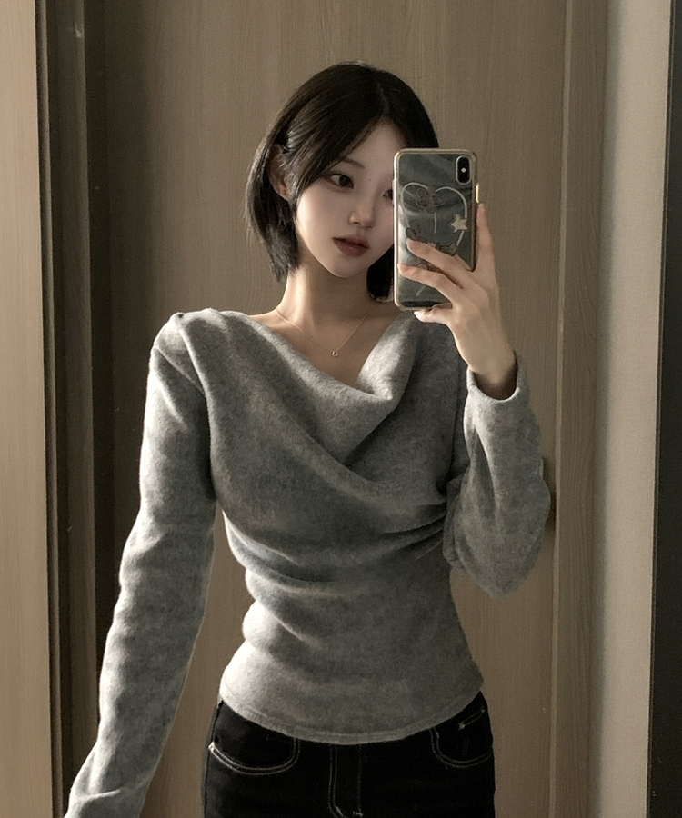 라라 드레이프 언발 셔링 긴팔 무지 블라우스 니트 티셔츠