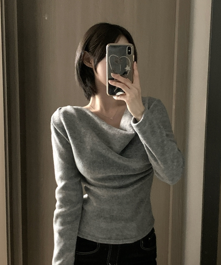 라라 드레이프 언발 셔링 긴팔 무지 블라우스 니트 티셔츠