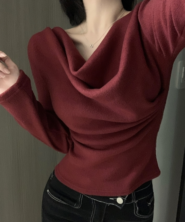 라라 드레이프 언발 셔링 긴팔 무지 블라우스 니트 티셔츠