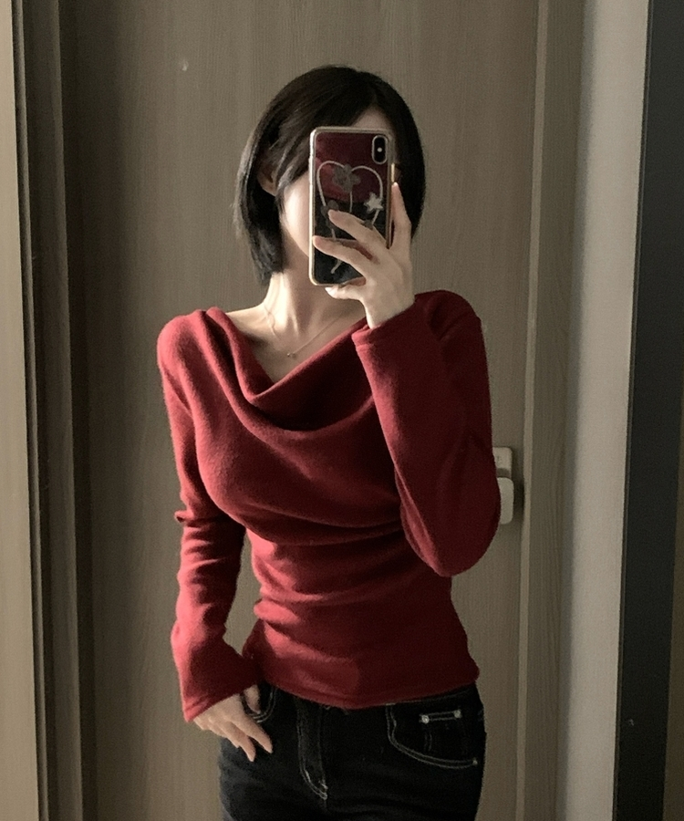 라라 드레이프 언발 셔링 긴팔 무지 블라우스 니트 티셔츠