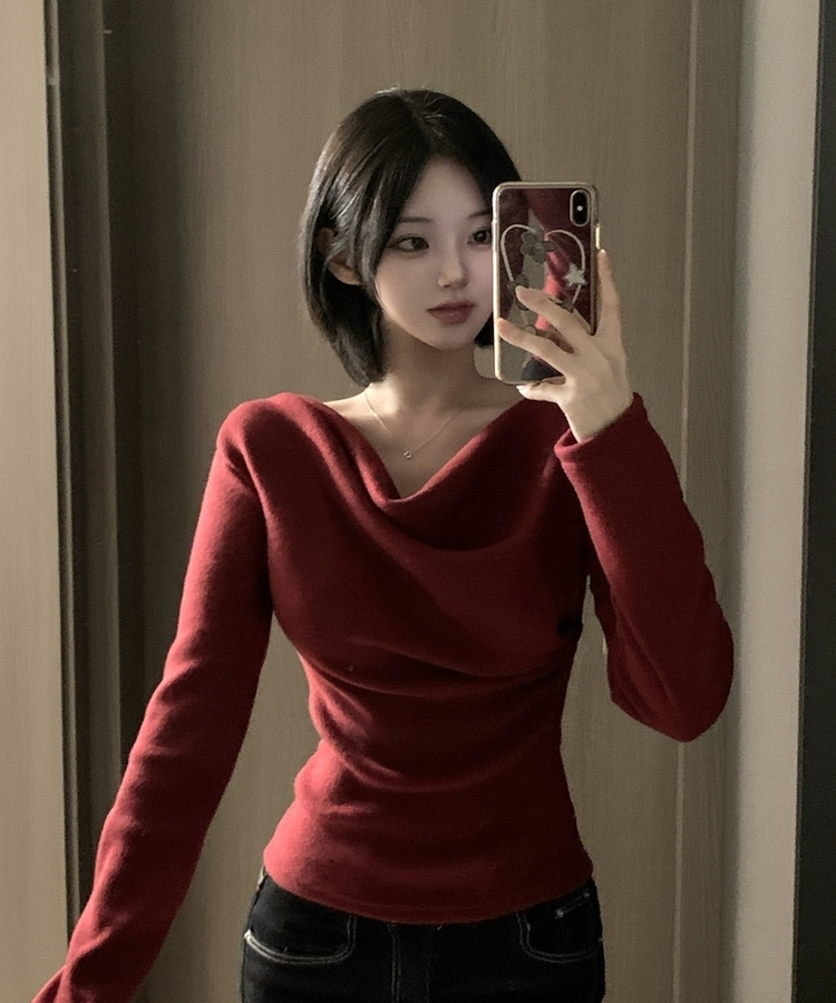 라라 드레이프 언발 셔링 긴팔 무지 블라우스 니트 티셔츠