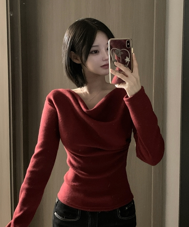 라라 드레이프 언발 셔링 긴팔 무지 블라우스 니트 티셔츠