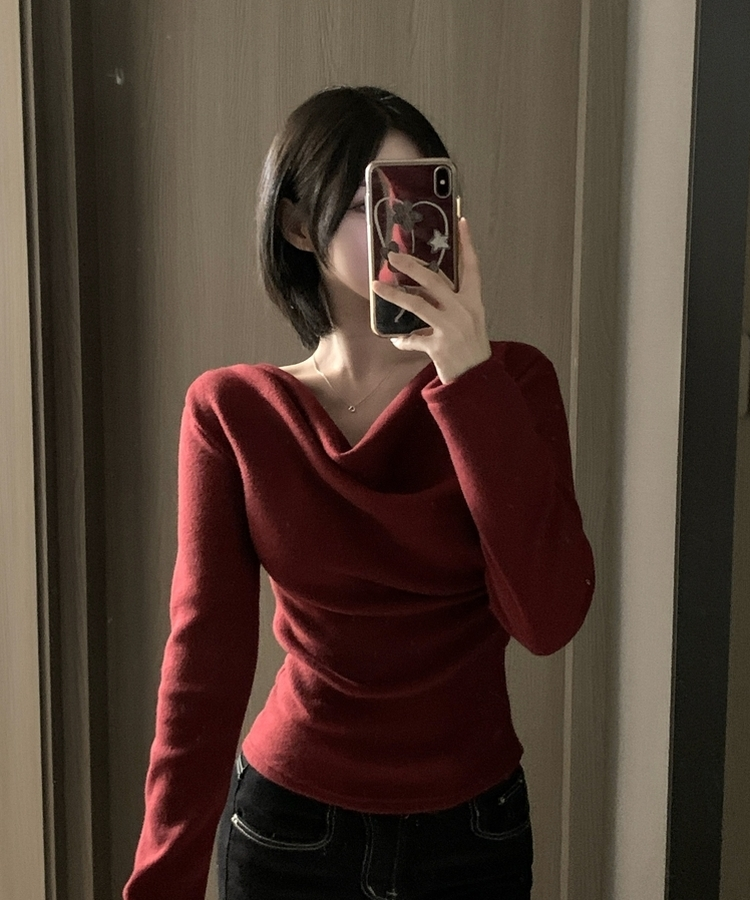 라라 드레이프 언발 셔링 긴팔 무지 블라우스 니트 티셔츠