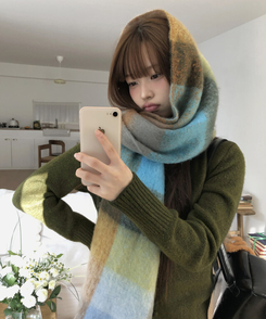 厚手チェックバイカラーロングマフラー(5color) MOCHA