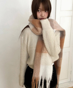 厚手チェックバイカラーロングマフラー(5color) BEIGE