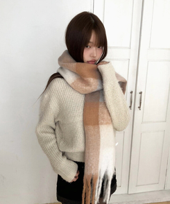 厚手チェックバイカラーロングマフラー(5color) BEIGE