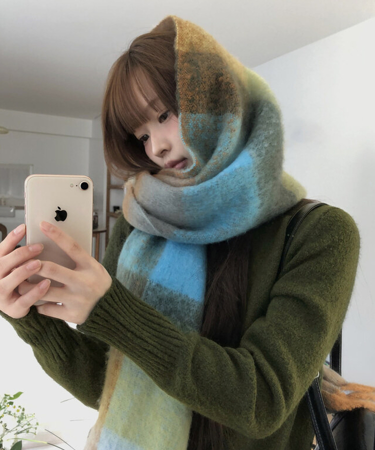 厚手チェックバイカラーロングマフラー(5color) MOCHA