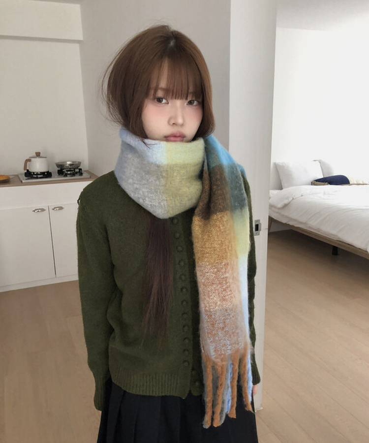 厚手チェックバイカラーロングマフラー(5color) MOCHA