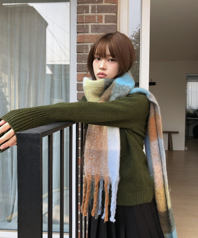 厚手チェックバイカラーロングマフラー(5color) MOCHA