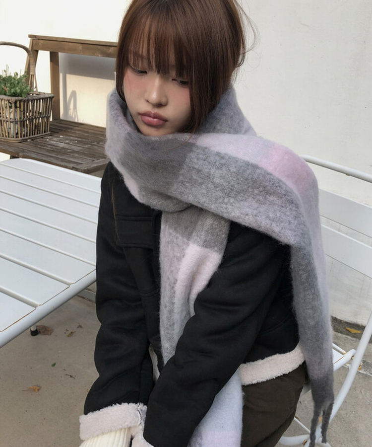 厚手チェックバイカラーロングマフラー(5color) PINK