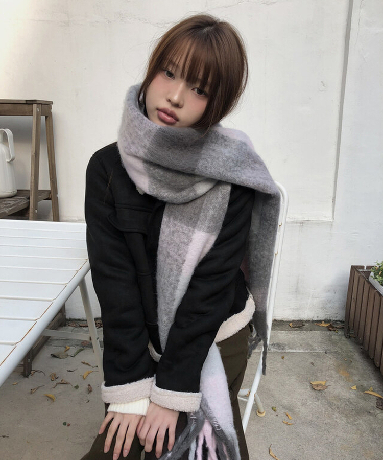 厚手チェックバイカラーロングマフラー(5color) PINK