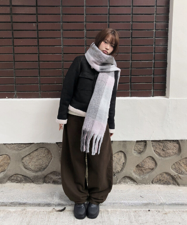 厚手チェックバイカラーロングマフラー(5color) PINK