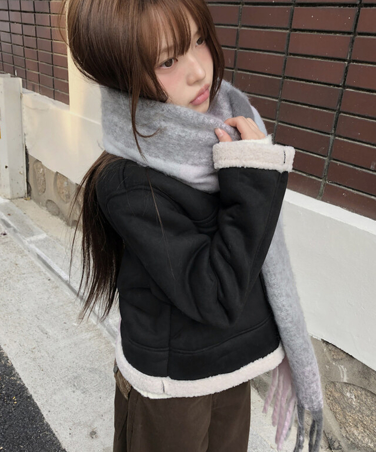 厚手チェックバイカラーロングマフラー(5color) PINK