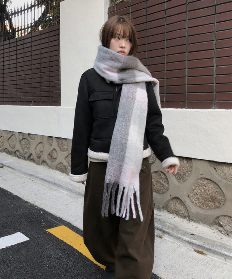 厚手チェックバイカラーロングマフラー(5color) PINK