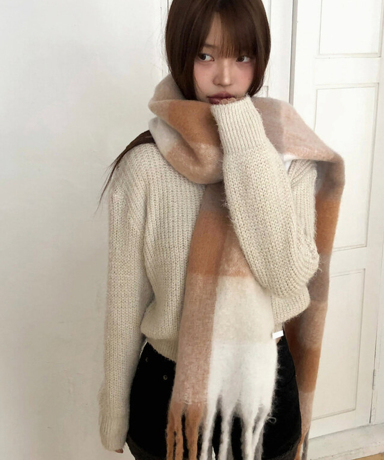 厚手チェックバイカラーロングマフラー(5color) BEIGE