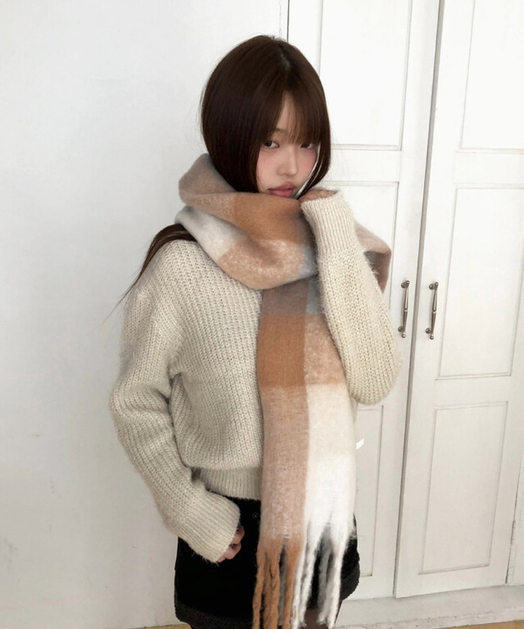 厚手チェックバイカラーロングマフラー(5color) BEIGE