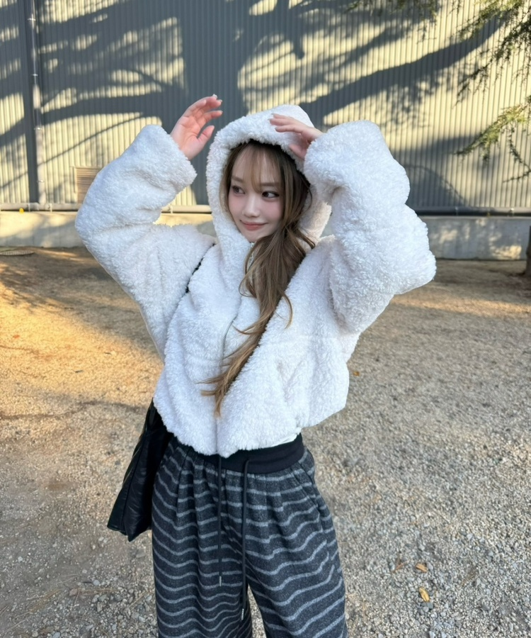 후드 양털 패딩 아이보리