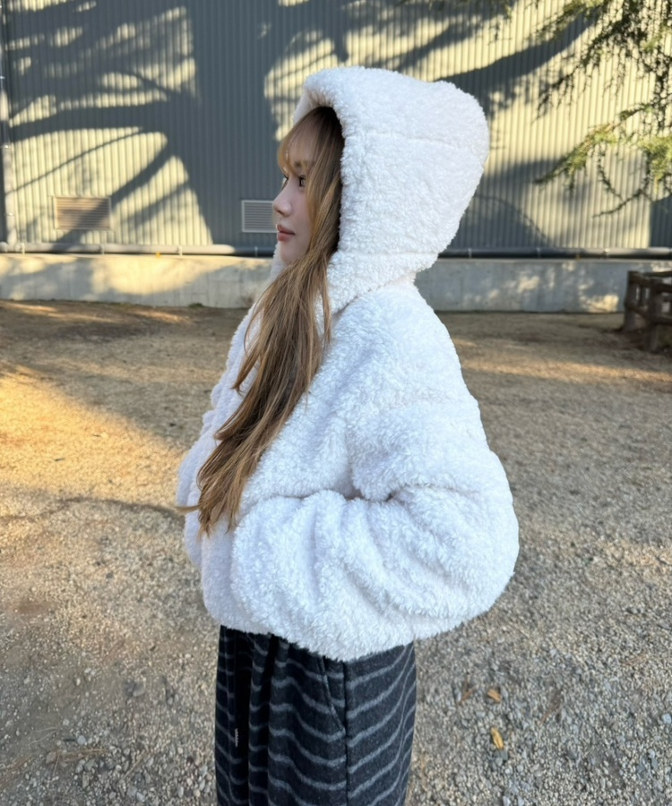 후드 양털 패딩 아이보리