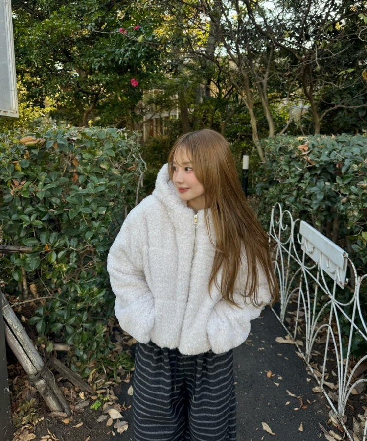 후드 양털 패딩 아이보리