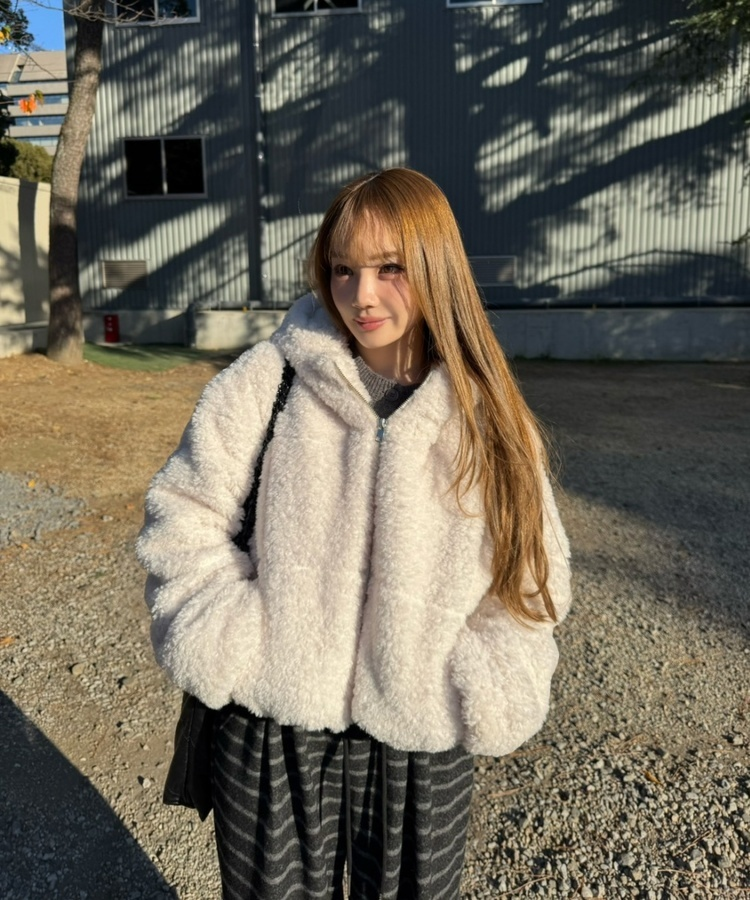 후드 양털 패딩 아이보리