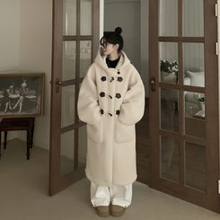 리얼왕오버핏 귀여운 양털 뽀글이 후드 하이넥 투버튼 떡볶이 더플 롱코트 빅사이즈 아이보리