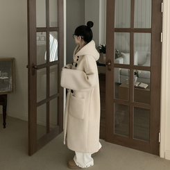 리얼왕오버핏 귀여운 양털 뽀글이 후드 하이넥 투버튼 떡볶이 더플 롱코트 빅사이즈 아이보리