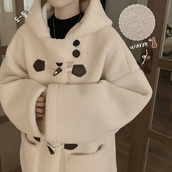 리얼왕오버핏 귀여운 양털 뽀글이 후드 하이넥 투버튼 떡볶이 더플 롱코트 빅사이즈 아이보리