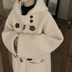 리얼왕오버핏 귀여운 양털 뽀글이 후드 하이넥 투버튼 떡볶이 더플 롱코트 빅사이즈 아이보리