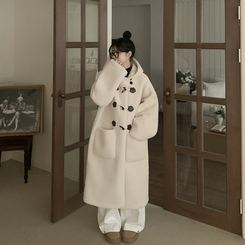 리얼왕오버핏 귀여운 양털 뽀글이 후드 하이넥 투버튼 떡볶이 더플 롱코트 빅사이즈 아이보리