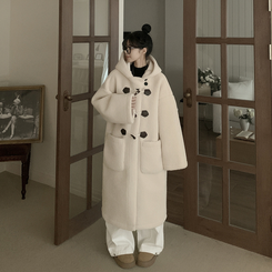 리얼왕오버핏 귀여운 양털 뽀글이 후드 하이넥 투버튼 떡볶이 더플 롱코트 빅사이즈 아이보리