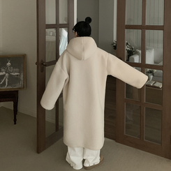 리얼왕오버핏 귀여운 양털 뽀글이 후드 하이넥 투버튼 떡볶이 더플 롱코트 빅사이즈 아이보리