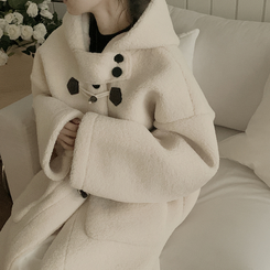 리얼왕오버핏 귀여운 양털 뽀글이 후드 하이넥 투버튼 떡볶이 더플 롱코트 빅사이즈 아이보리