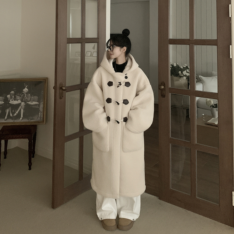 리얼왕오버핏 귀여운 양털 뽀글이 후드 하이넥 투버튼 떡볶이 더플 롱코트 빅사이즈 아이보리