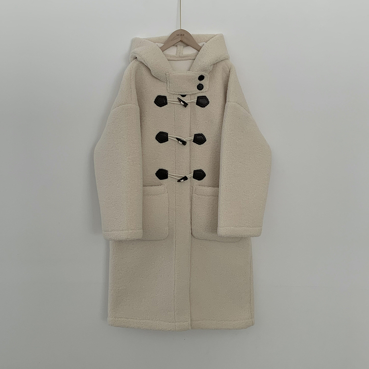 리얼왕오버핏 귀여운 양털 뽀글이 후드 하이넥 투버튼 떡볶이 더플 롱코트 빅사이즈