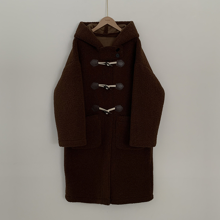 리얼왕오버핏 귀여운 양털 뽀글이 후드 하이넥 투버튼 떡볶이 더플 롱코트 빅사이즈