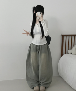 リブボタン長袖Tシャツ IVORY