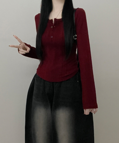 リブボタン長袖Tシャツ WINE