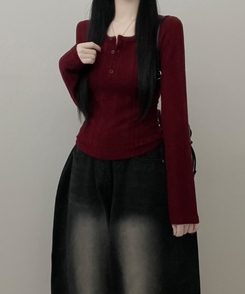 リブボタン長袖Tシャツ WINE