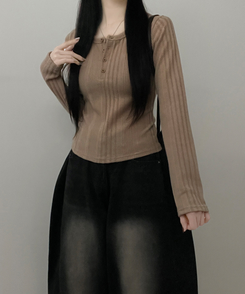 リブボタン長袖Tシャツ MOCHA