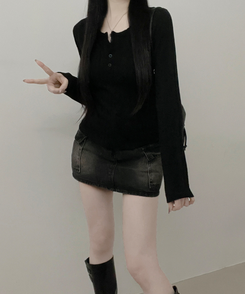 リブボタン長袖Tシャツ BLACK