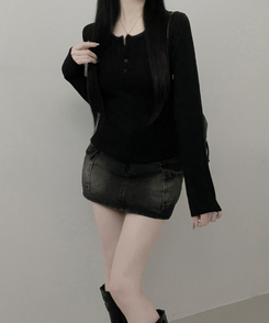 リブボタン長袖Tシャツ BLACK