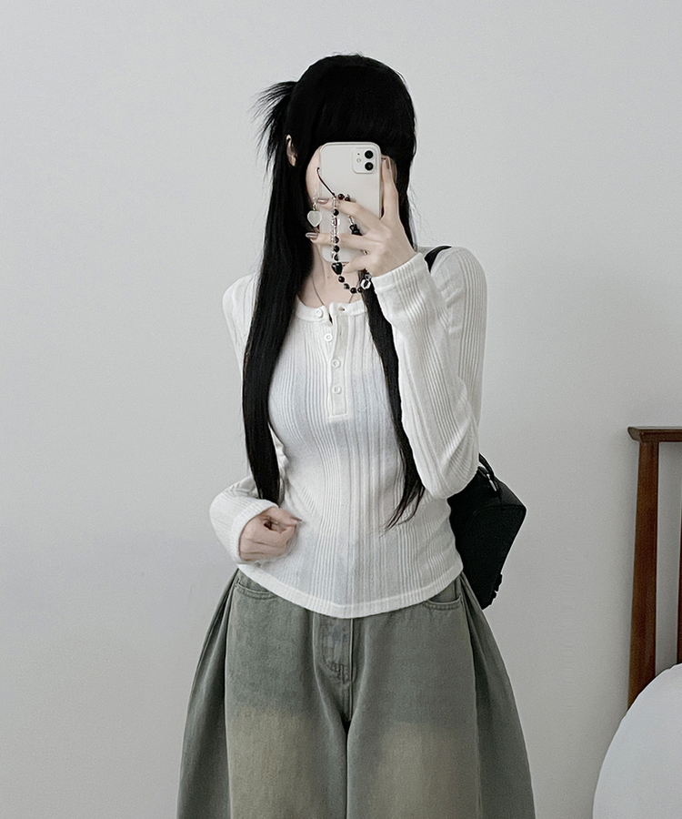 リブボタン長袖Tシャツ IVORY