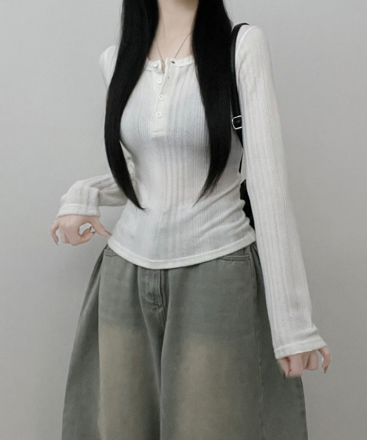 リブボタン長袖Tシャツ IVORY