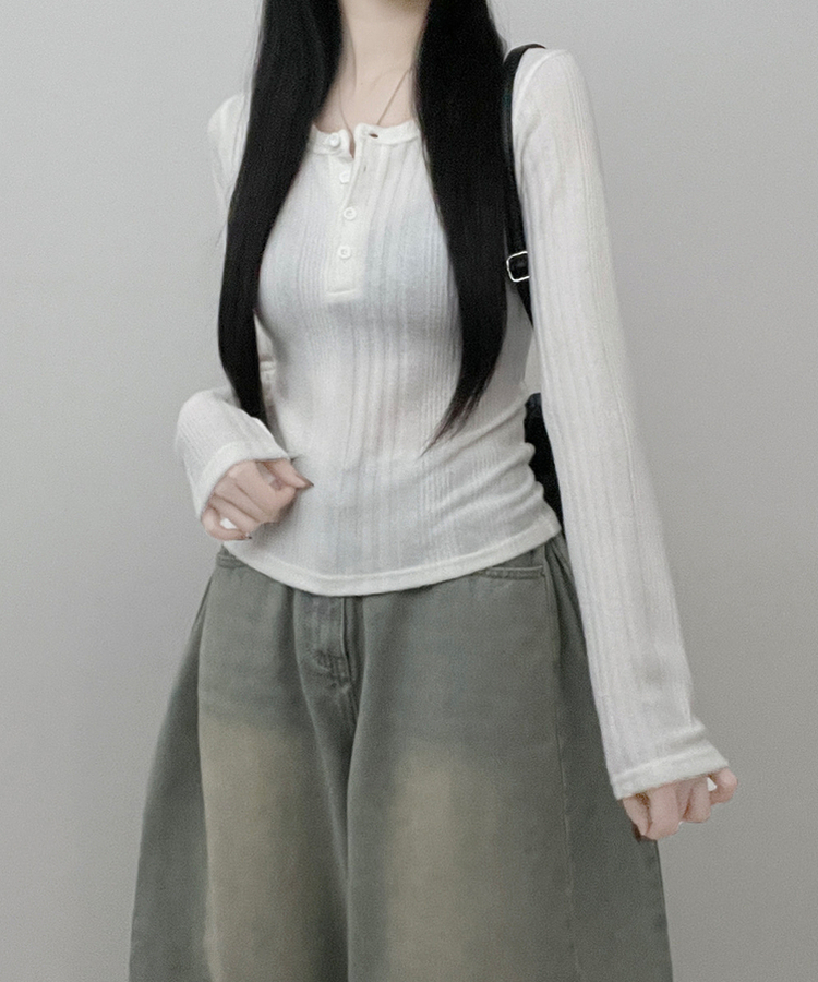 リブボタン長袖Tシャツ IVORY