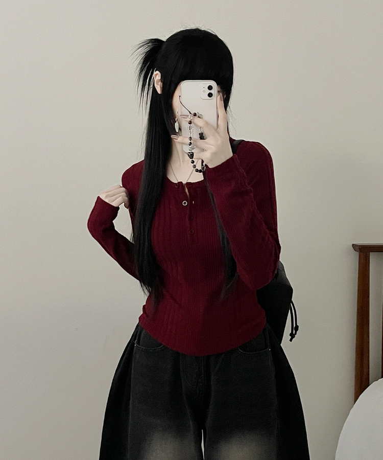 リブボタン長袖Tシャツ WINE